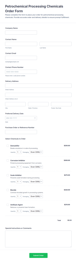 Petrochemical Processing Chemicals Order Form Template