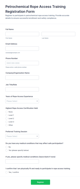 Petrochemical Rope Access Training Registration Form Template