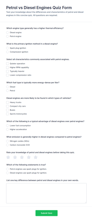 Petrol Vs Diesel Engines Quiz Form Template