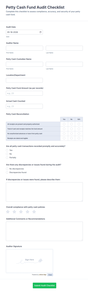 Petty Cash Fund Audit Checklist Form Template