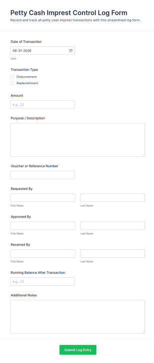 Petty Cash Imprest Control Log Form Template
