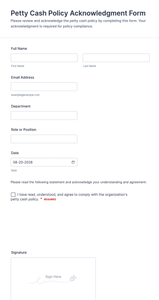 Petty Cash Policy Acknowledgment Form Template