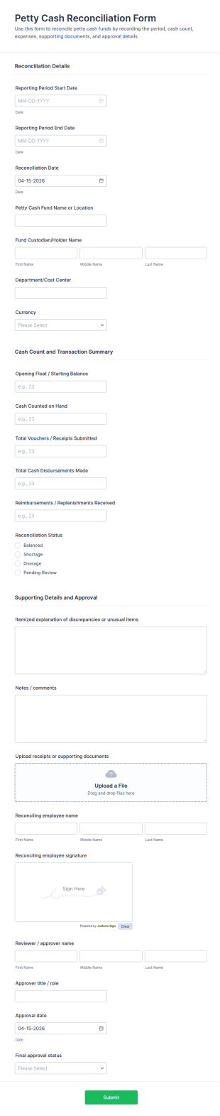 Petty Cash Reconciliation Form Template