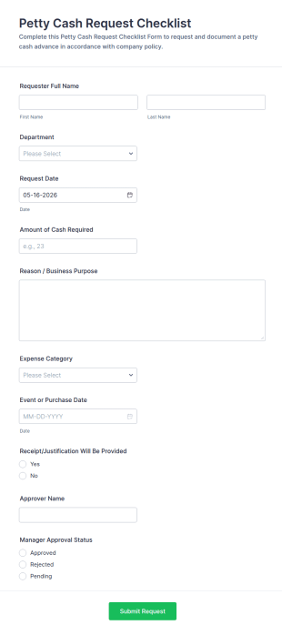 Petty Cash Request Form Template