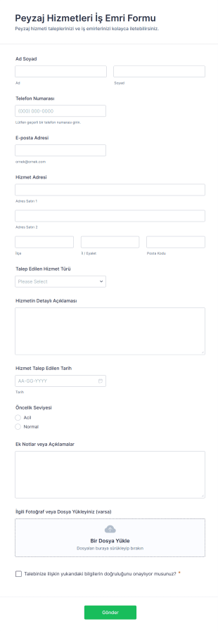 Peyzaj Hizmetleri İş Emri Form Şablonu