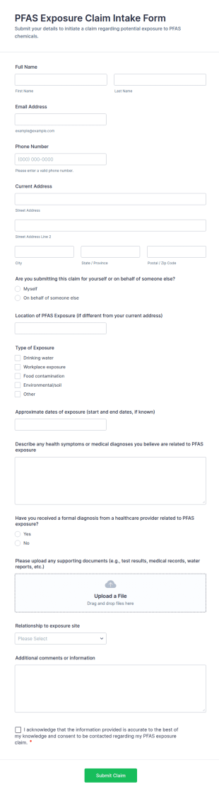 PFAS Exposure Claim Intake Form Template