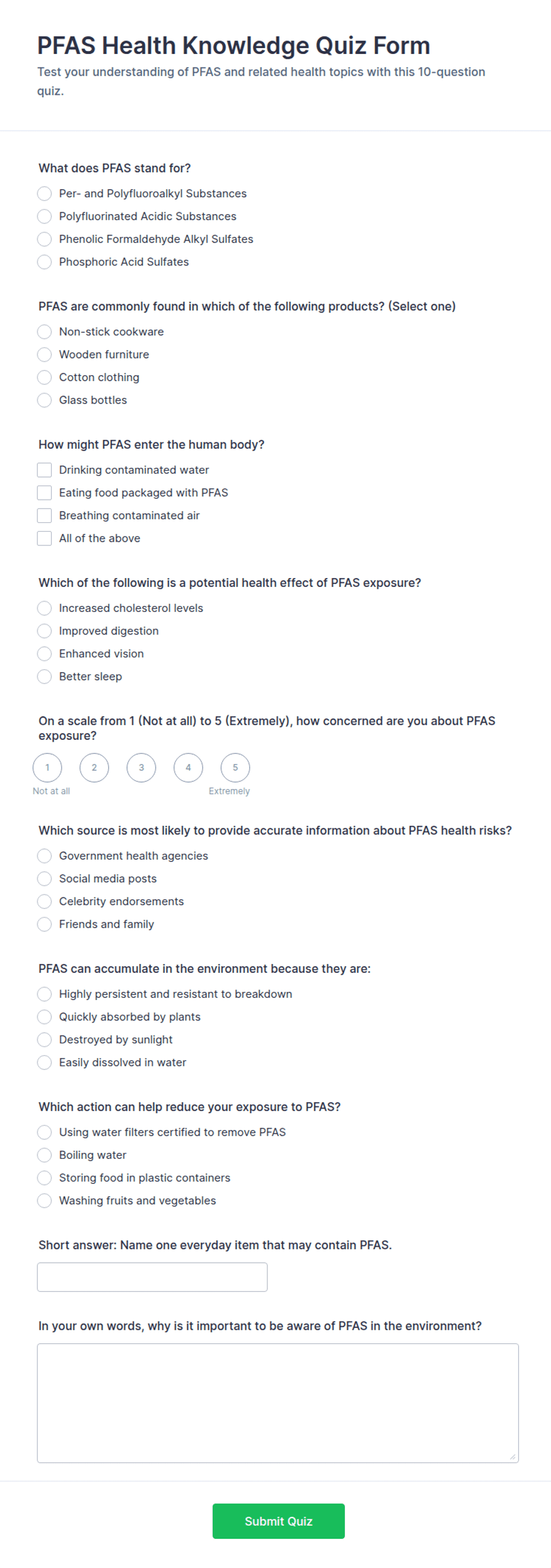 PFAS Health Knowledge Quiz Form Template | Jotform