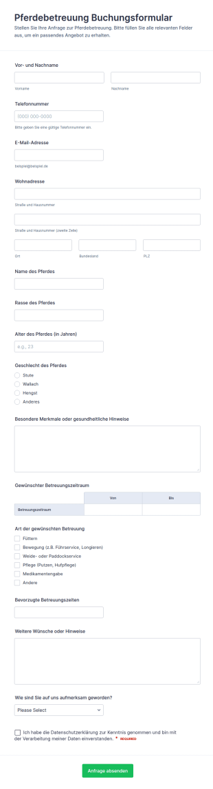 Pferdebetreuungs Reservierungsformular
