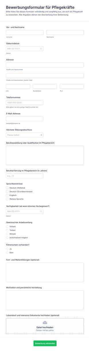 Pflegeanbieter Bewerbungsformular