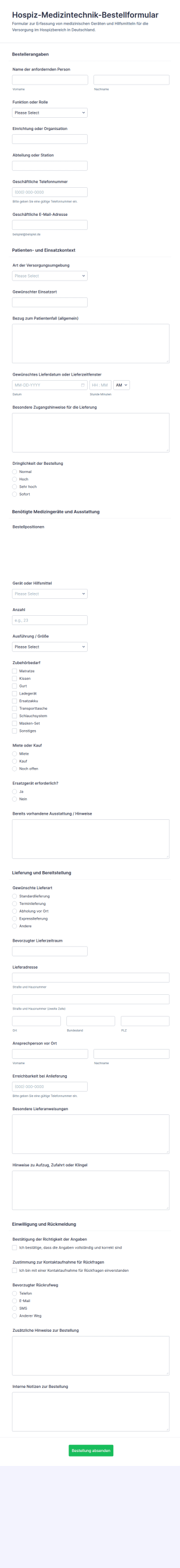 Pflegeausrüstungsbestellformular