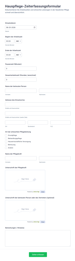 Pflegedienst Zeiterfassungsformular