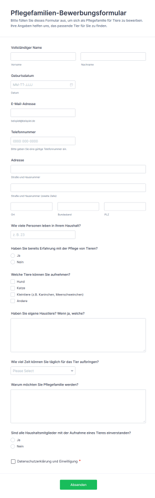 Pflegefamilien Bewerbungsformular