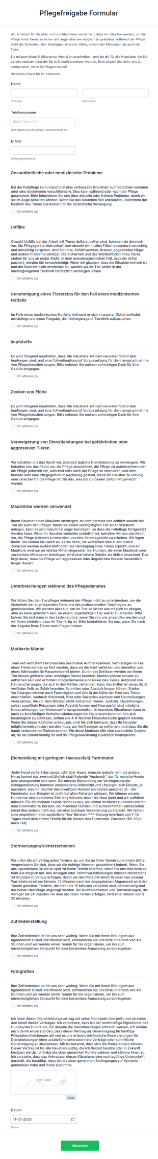 Pflegefreigabe Formular