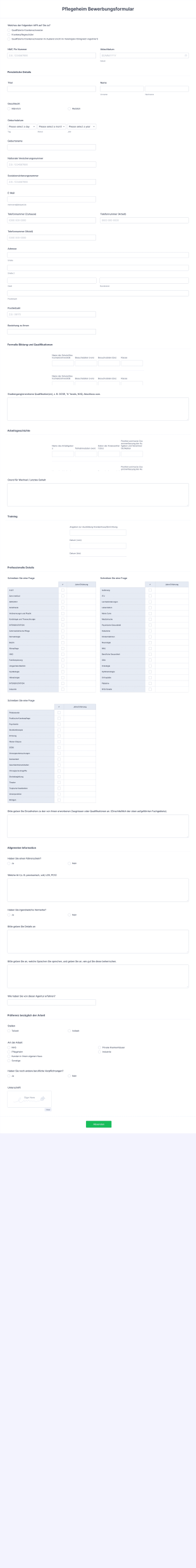 Pflegeheim Bewerbungsformular Form Template