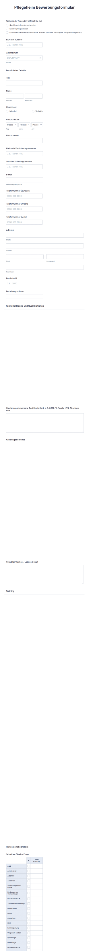 Pflegeheim Bewerbungsformular