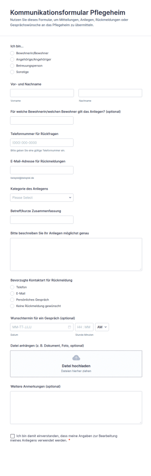 Pflegeheim Kommunikationsformular