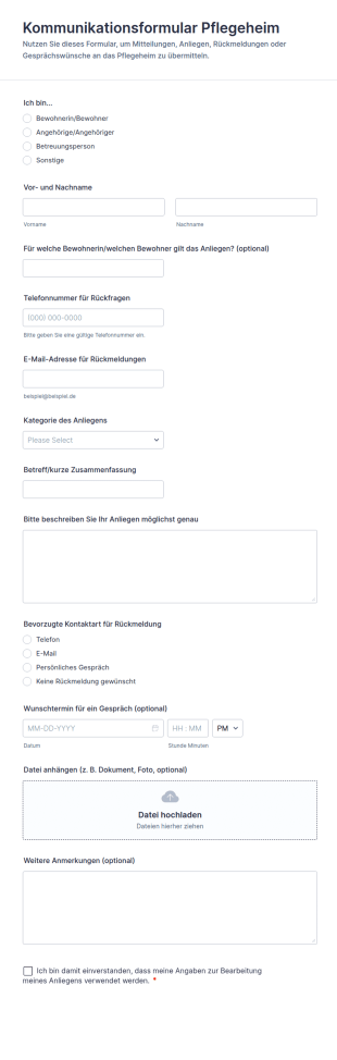 Pflegeheim Kommunikationsformular