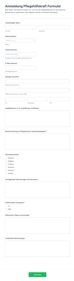 Pflegehelfer Registrierungsformular