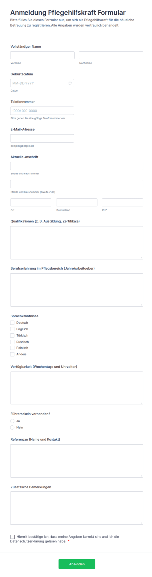 Pflegehelfer Registrierungsformular
