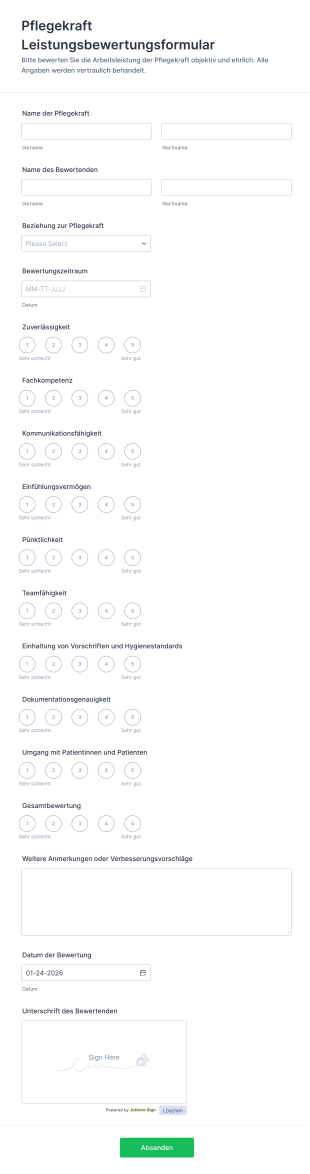 Pflegekraft Leistungsbewertungsformular | Jotform