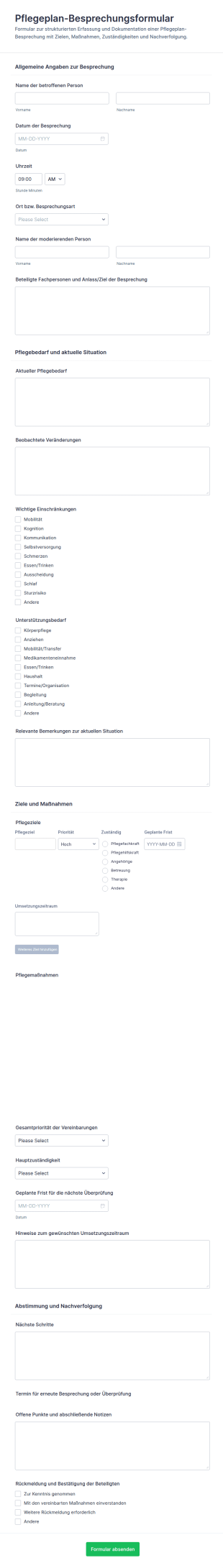 Pflegeplan Meeting Vorlage Fragebogen