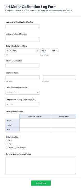 PH Meter Calibration Log Form Template
