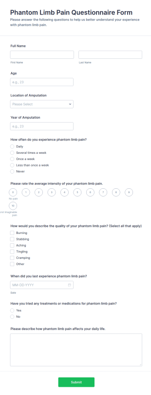 Phantom Limb Pain Questionnaire Form Template