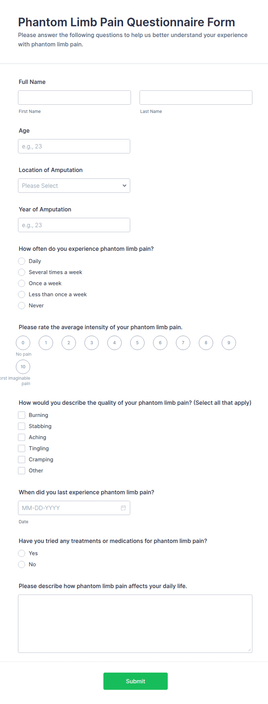 Phantom Limb Pain Questionnaire Form Template | Jotform
