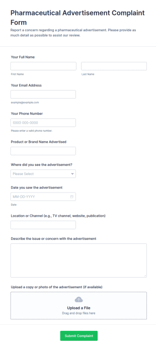 Pharmaceutical Advertisement Complaint Form Template