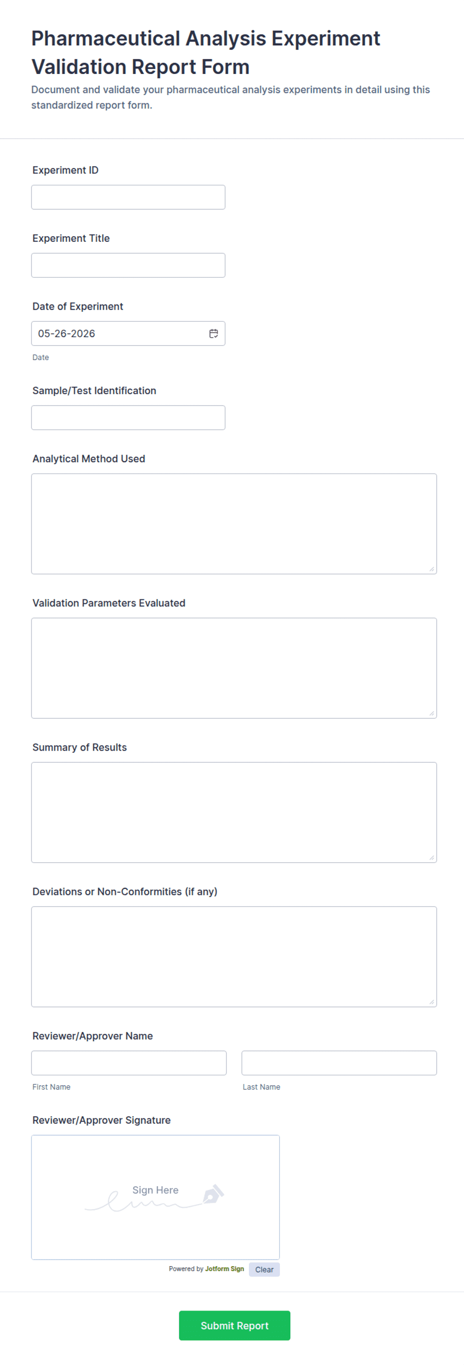 Pharmaceutical Analysis Experiment Validation Report Form Template ...