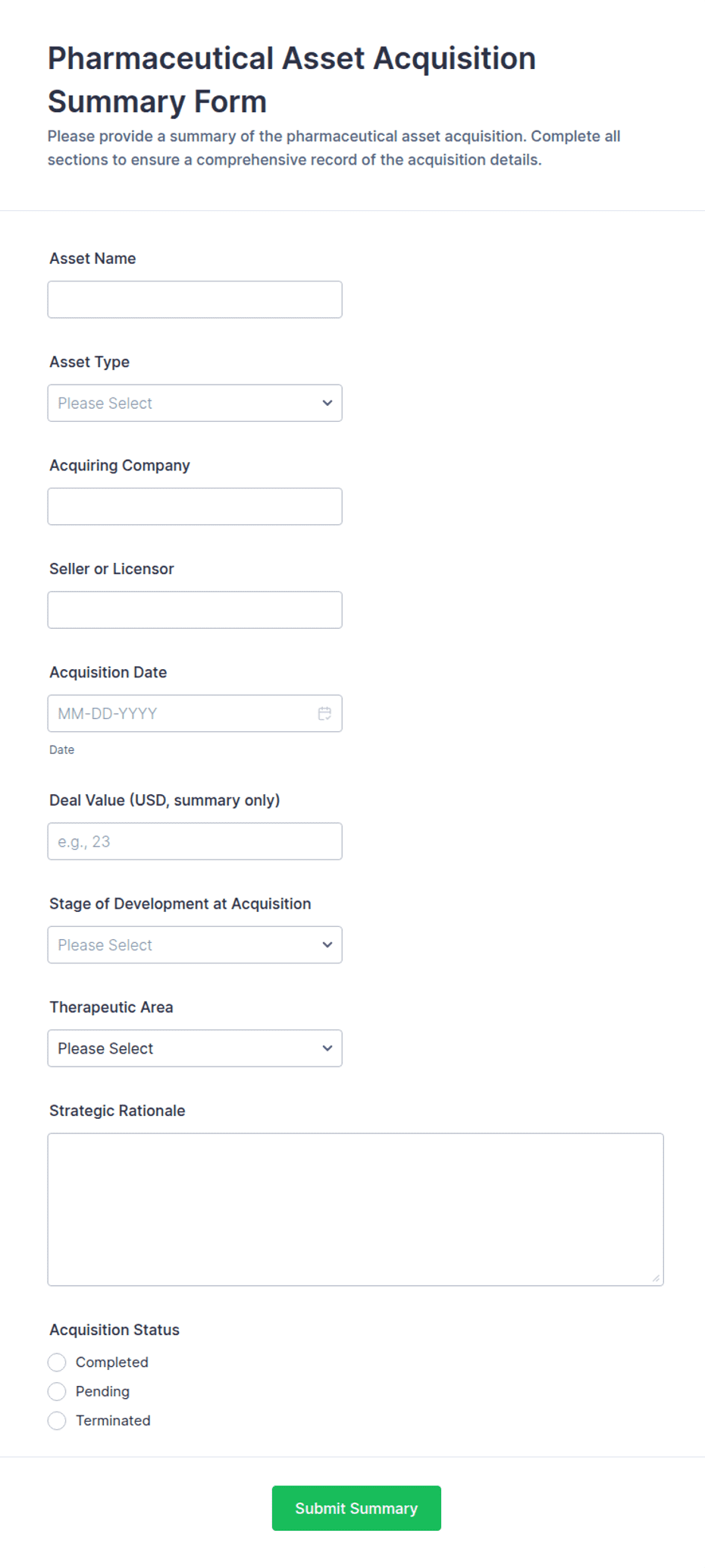 Pharmaceutical Asset Acquisition Summary Form Template | Jotform