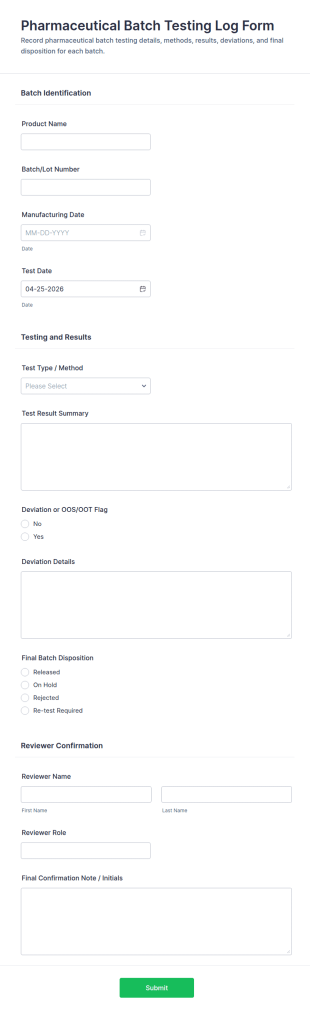 Pharmaceutical Batch Testing Log Form Template