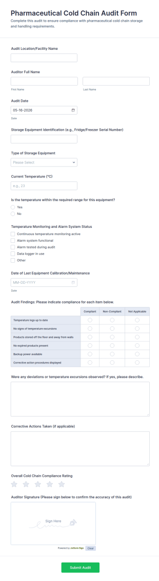 Pharmaceutical Cold Chain Audit Form Template