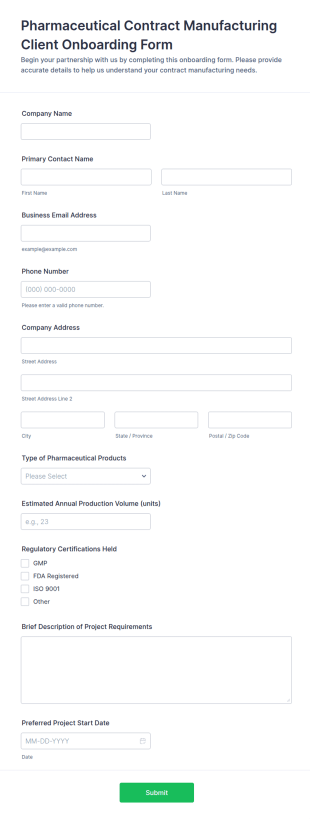 Pharmaceutical Contract Manufacturing Client Onboarding Form Template