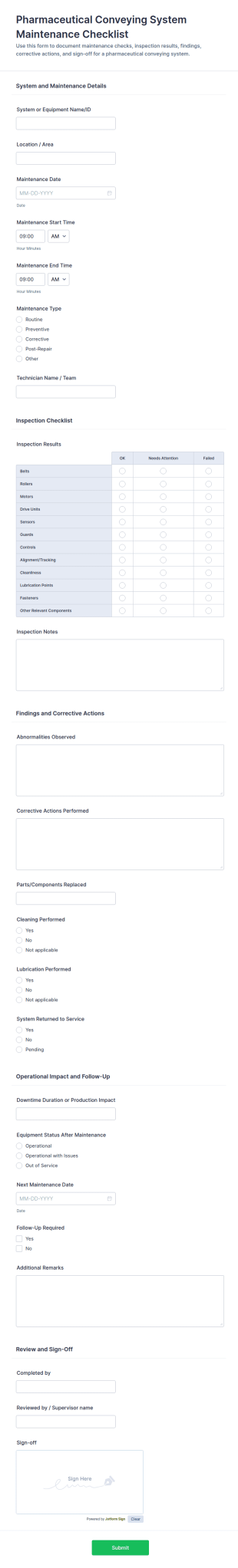 Pharmaceutical Conveying System Maintenance Checklist Form Template