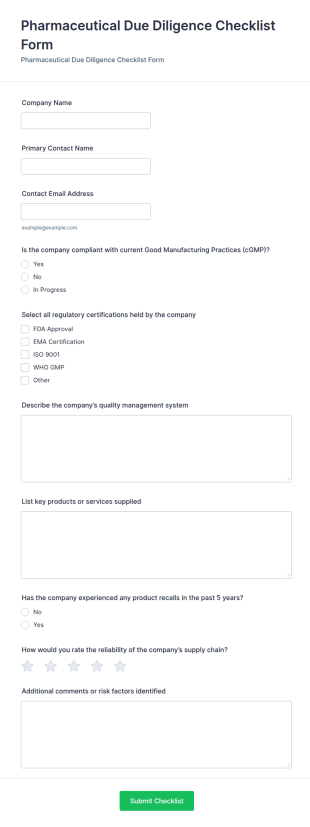 Pharmaceutical Due Diligence Checklist Form Template