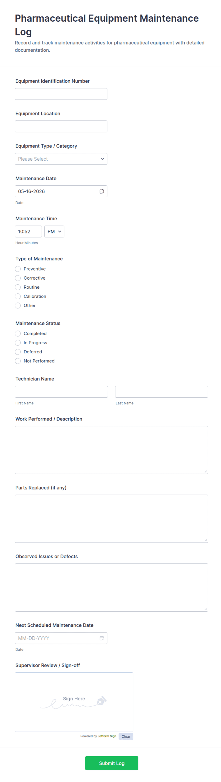 Pharmaceutical Equipment Maintenance Log Form Template | Jotform
