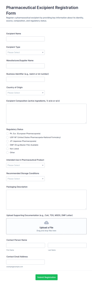 Pharmaceutical Excipient Registration Form Template