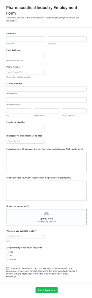 Pharmaceutical Industry Employment Form Template