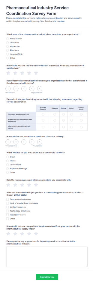 Pharmaceutical Industry Service Coordination Survey Form Template