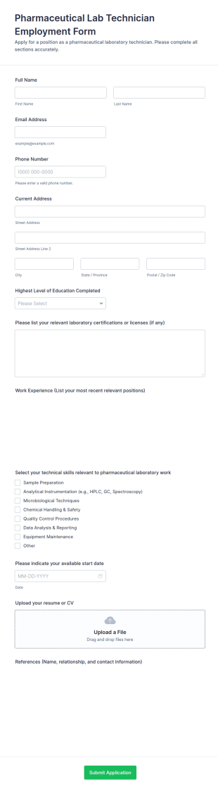 Pharmaceutical Lab Technician Employment Form Template