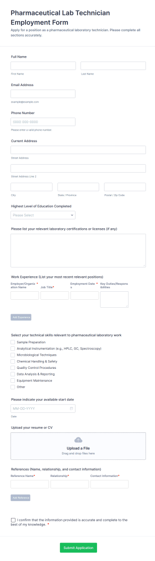 Pharmaceutical Lab Technician Employment Form Template