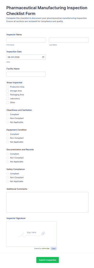 Pharmaceutical Manufacturing Inspection Checklist Form Template