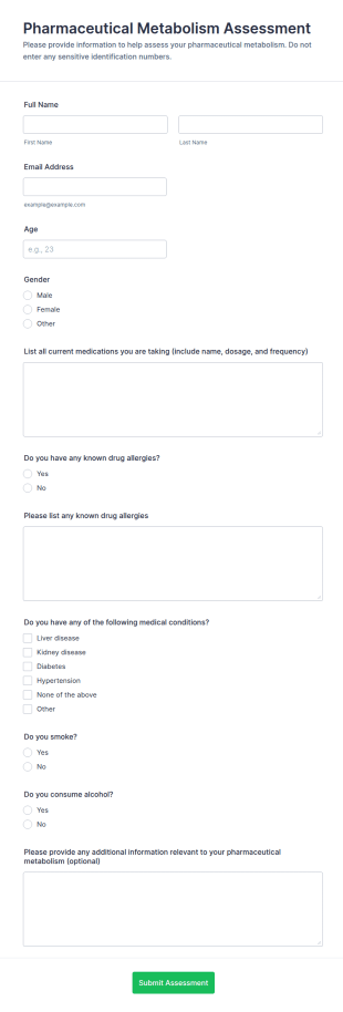 Pharmaceutical Metabolism Assessment Form Template