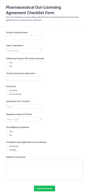 Pharmaceutical Out Licensing Agreement Checklist Form Template