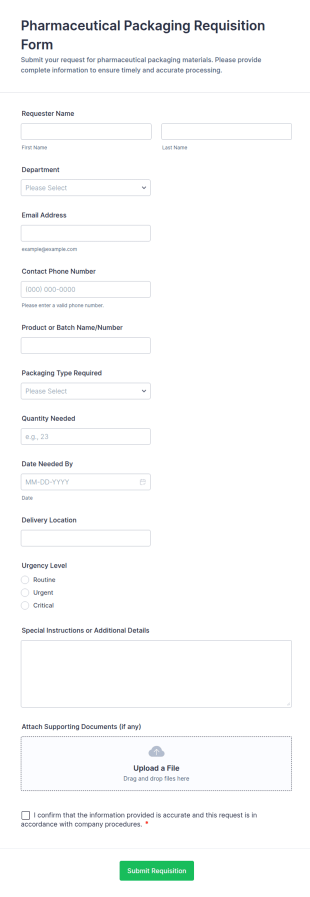 Pharmaceutical Packaging Requisition Form Template