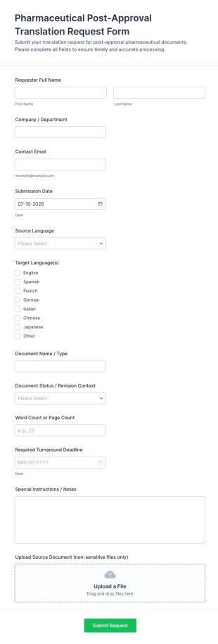 Pharmaceutical Post Approval Translation Request Form Template