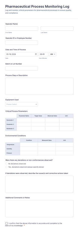Pharmaceutical Process Monitoring Log Form Template