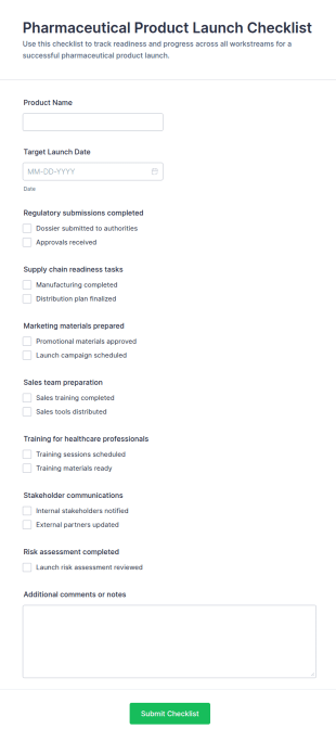 Pharmaceutical Product Launch Checklist Form Template