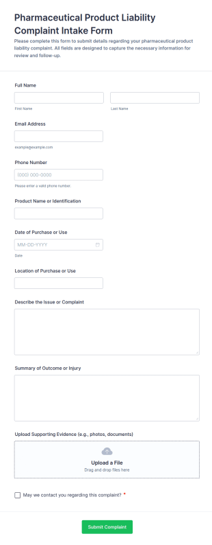 Pharmaceutical Product Liability Complaint Intake Form Template